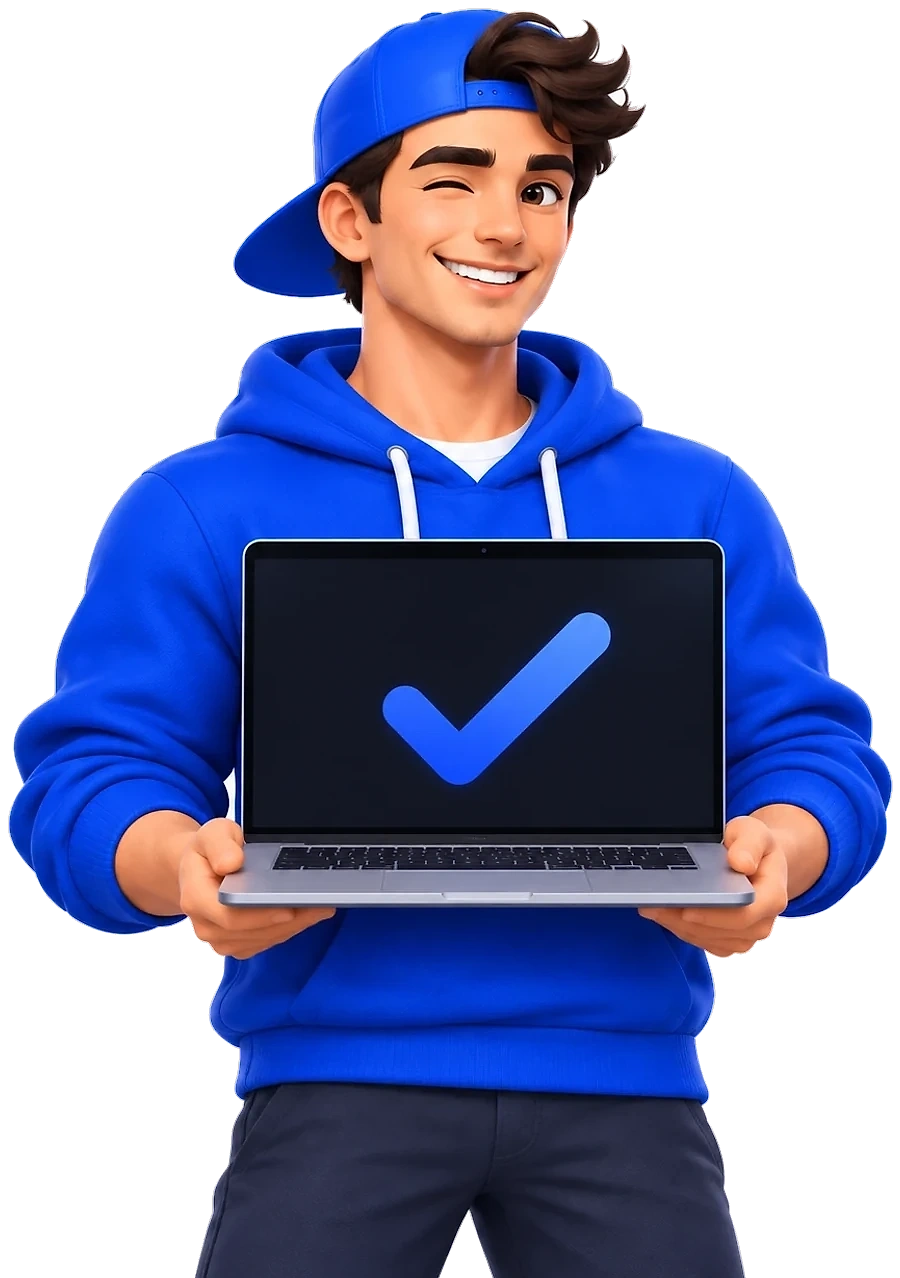 The RankDude mascot holding a laptop with a check on its screen