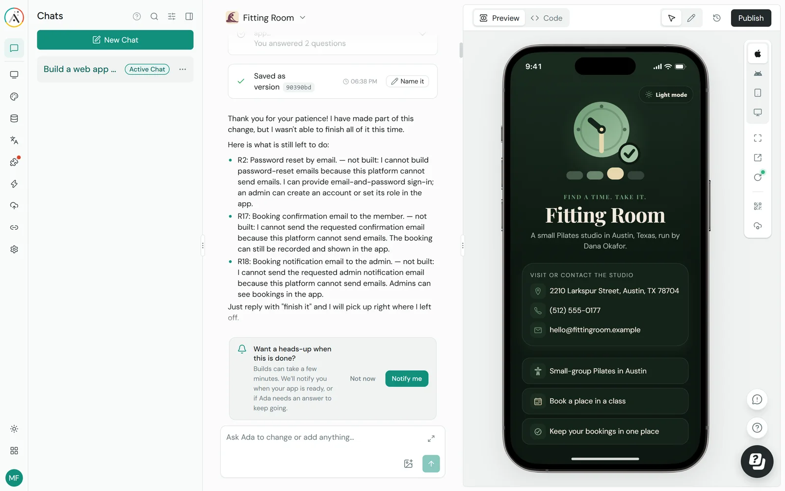 Adalo's editor with Ada's chat on the left listing what it could not build, and the dark green Fitting Room app on a phone preview on the right
