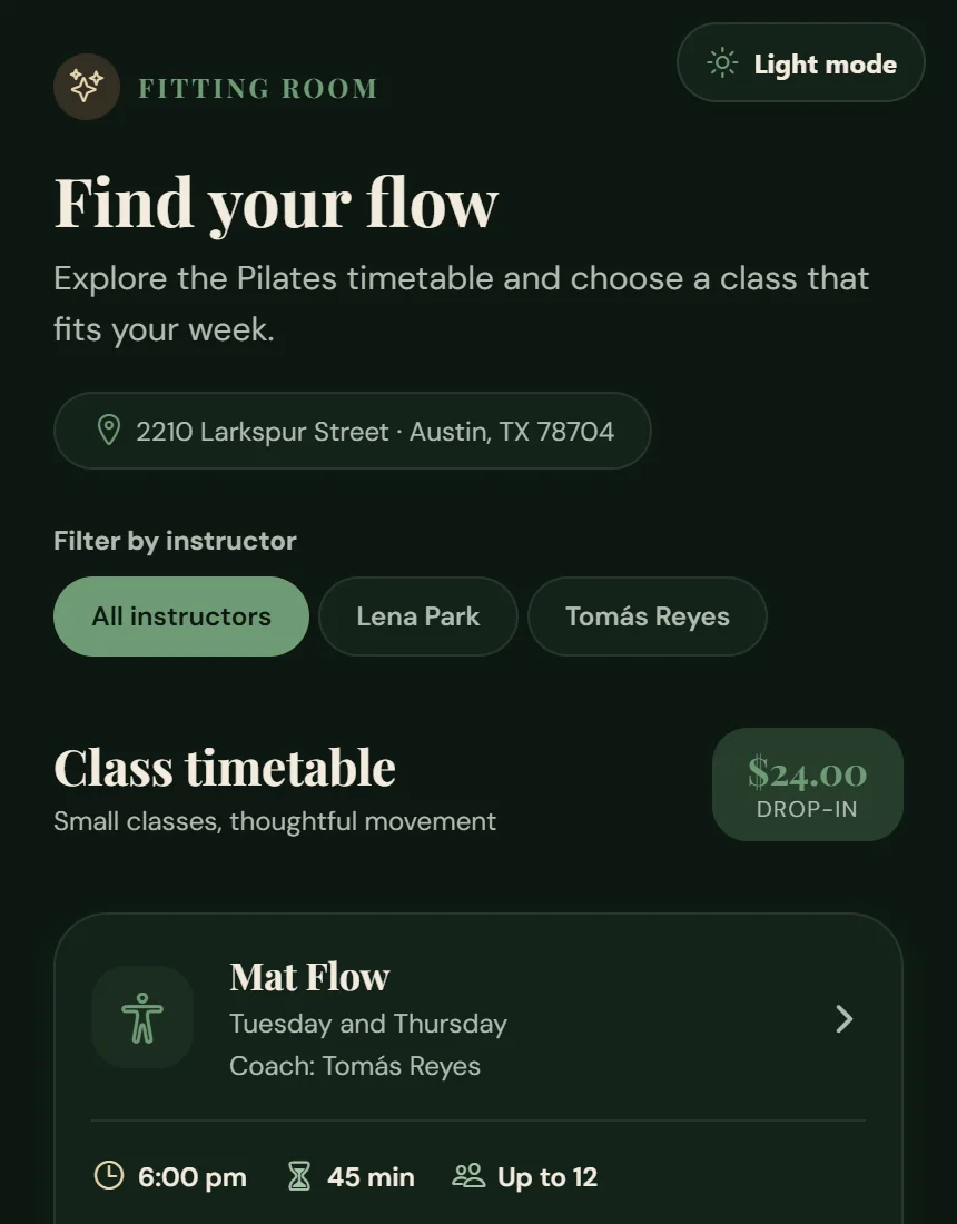 Adalo test app, the Adalo test app: a Pilates studio app, built on the Builder plan, on its Adalo address.