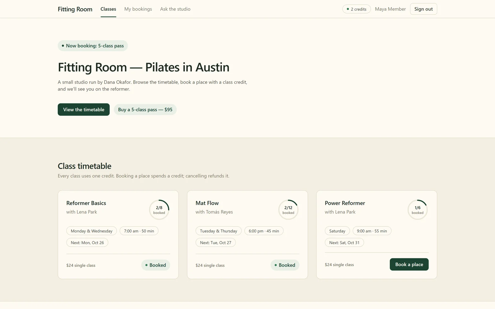 Anything test app, the Anything test app: a Pilates studio app, built and published on the Pro plan, on its created.app address.