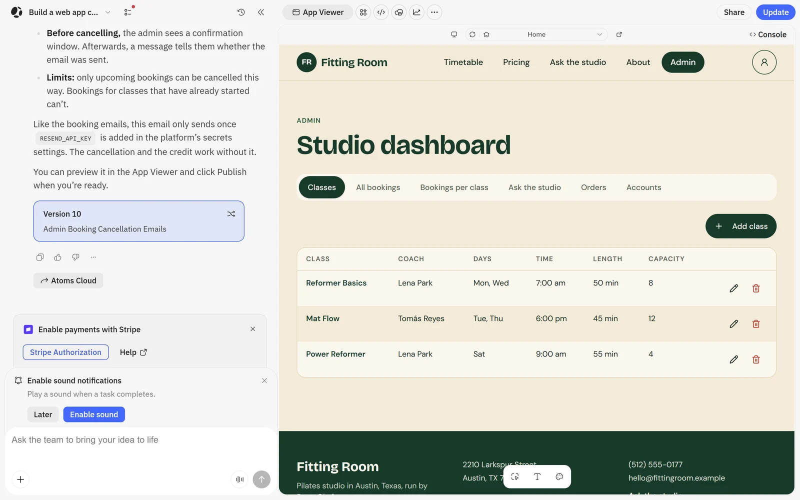 Atoms' builder with the AI agent's chat on the left and the live Fitting Room admin dashboard on the right, with a Version 10 card and the Update button