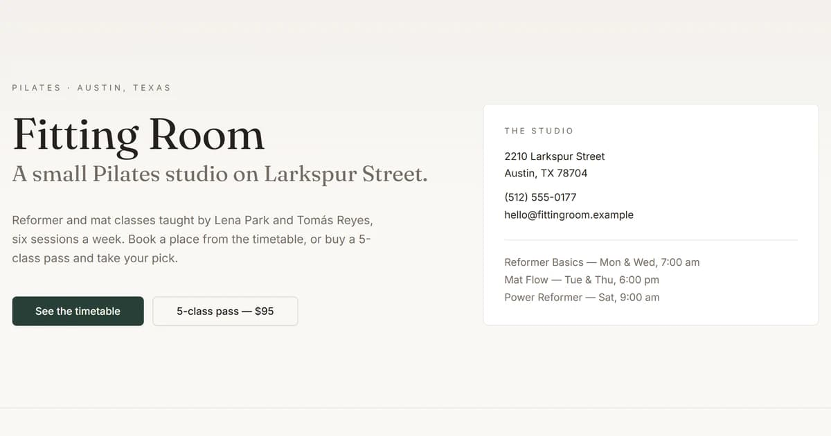 Fitting Room, the Base44 test app: a Pilates studio booking app