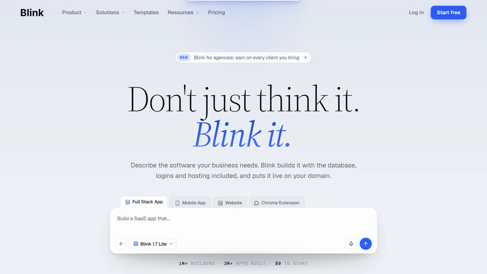 Blink.new's own home page with the headline Don't just think it, Blink it, and the prompt box where you describe the app you want to build