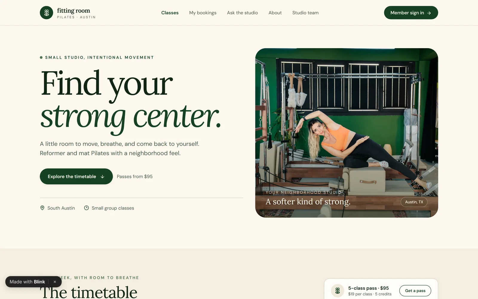 Blink.new test app, the Blink.new test app: a Pilates studio app, built on the Starter plan, on its Blink address.