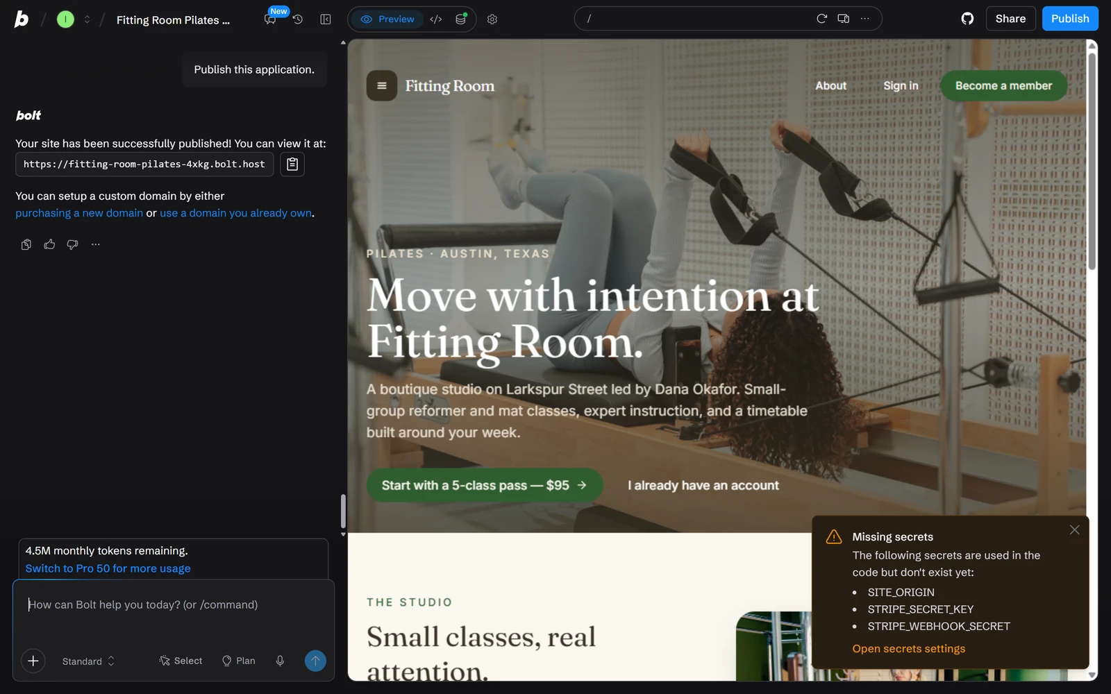 Bolt.new's project editor with my Fitting Room booking app open: the chat on the left, the live preview on the right