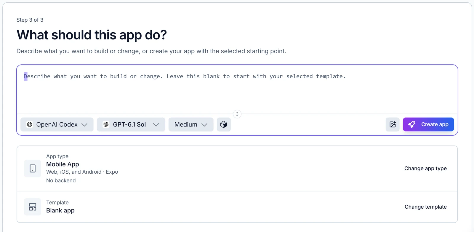 Draftbit new project screen: What should this app do, an empty prompt box with OpenAI Codex and GPT-6.1 Sol chosen, a Create app button, and a Mobile App and Blank app choice