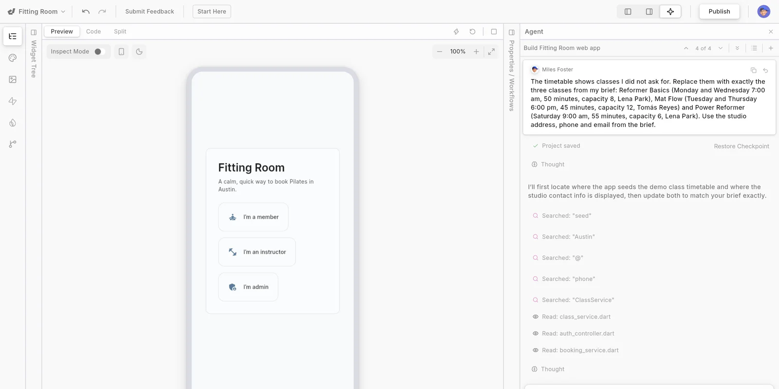 Dreamflow's editor with a phone preview of the generated Fitting Room app on the left and the agent chat on the right