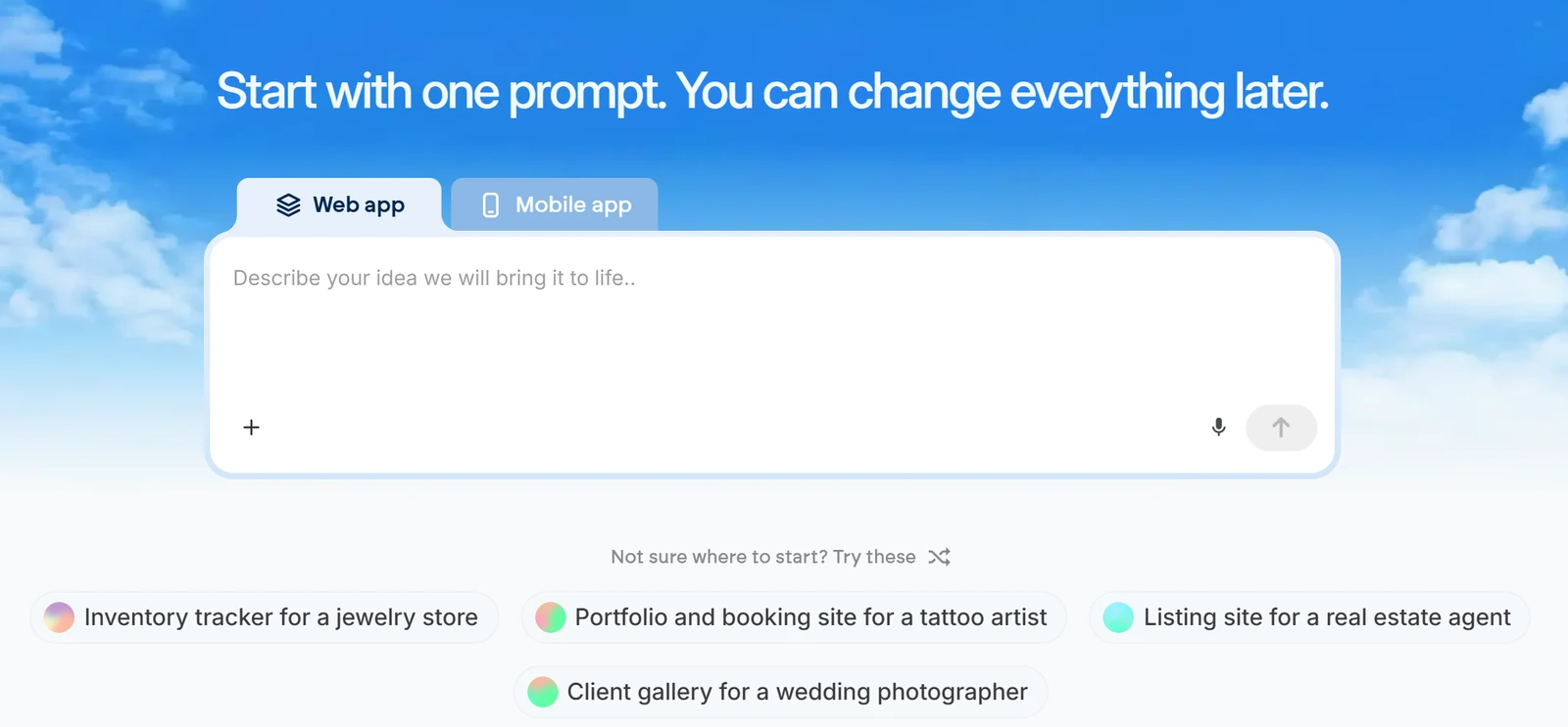 Emergent home screen with the Start with one prompt heading, Web app and Mobile app tabs and an empty prompt box