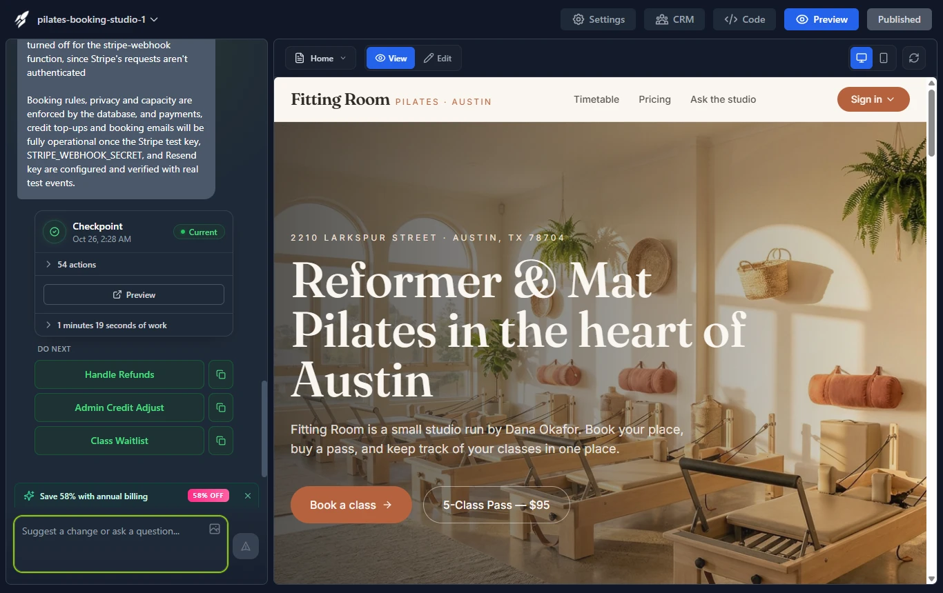 Famous.ai's project editor with my Fitting Room booking app open: the chat on the left, the live preview on the right