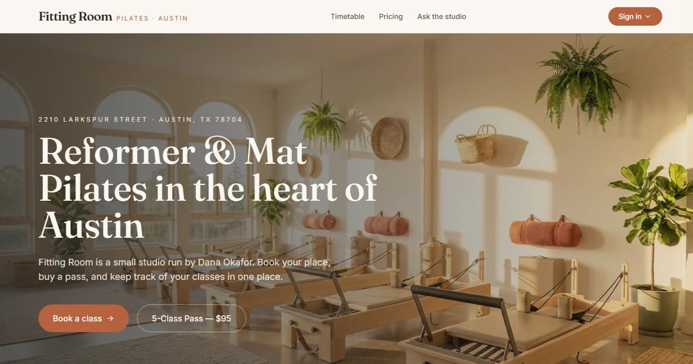 Famous.ai test app, the Famous.ai test app: a Pilates studio booking app, built on the Mini plan, on its Famous.ai address.