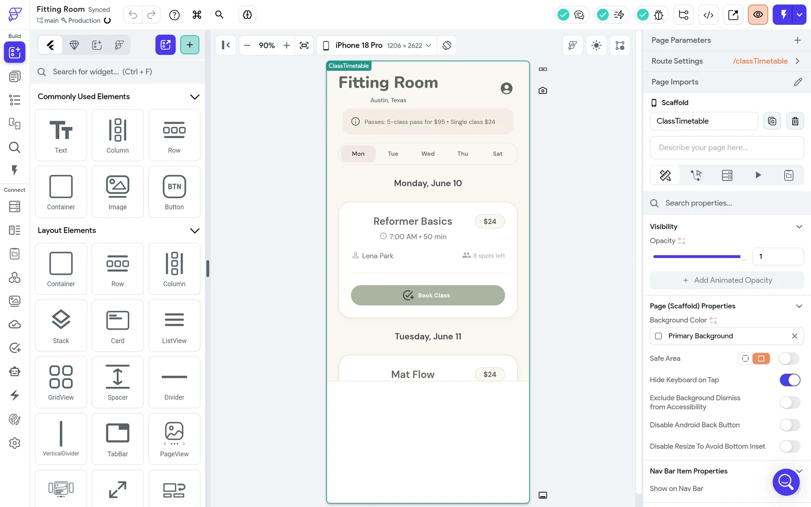 FlutterFlow's visual editor open on the generated Fitting Room class timetable page, with the widget panel on the left and the page properties on the right