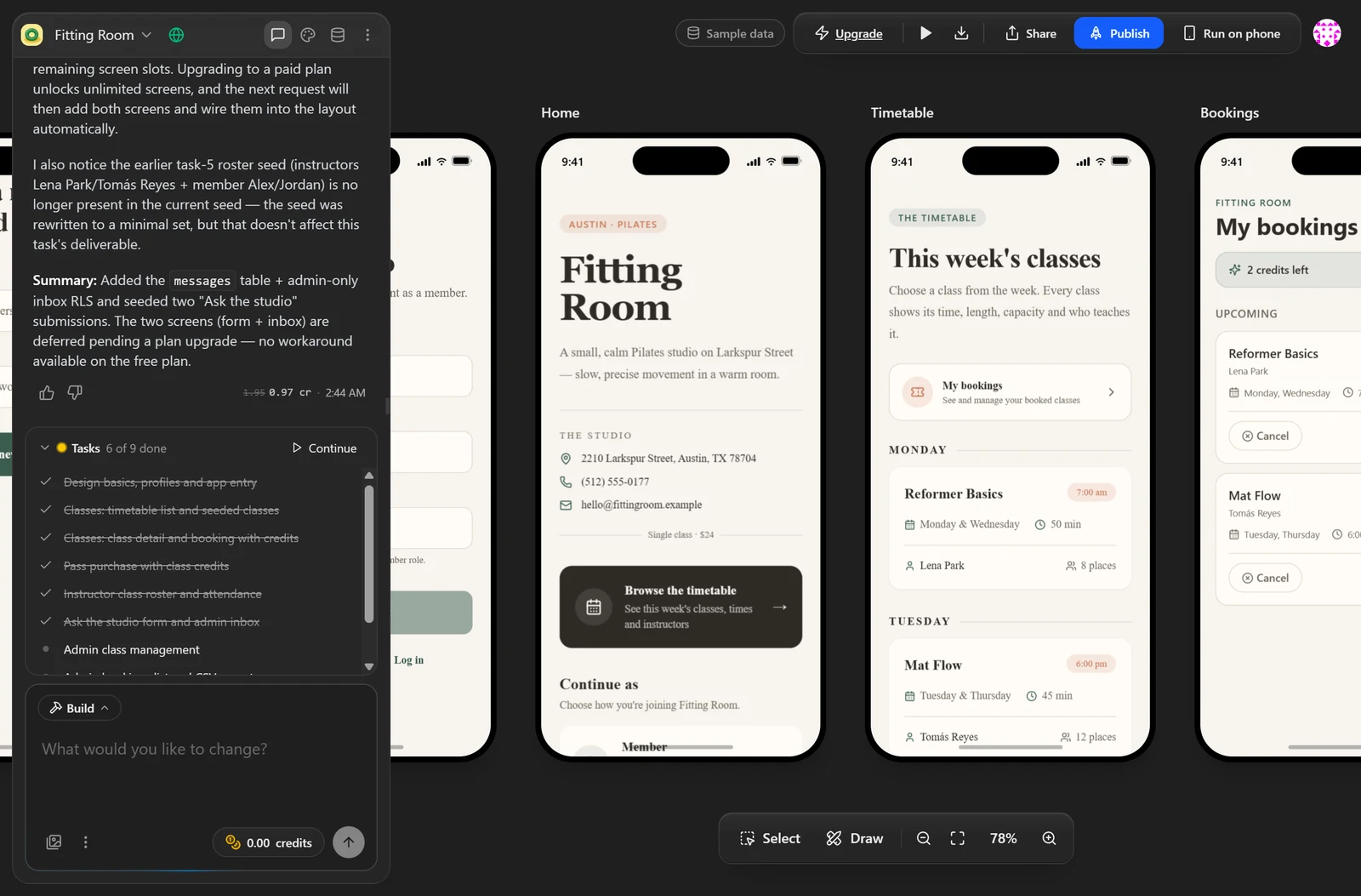 RapidNative's builder with the chat and task list on the left and green and cream phone screens of the Fitting Room studio app on the right