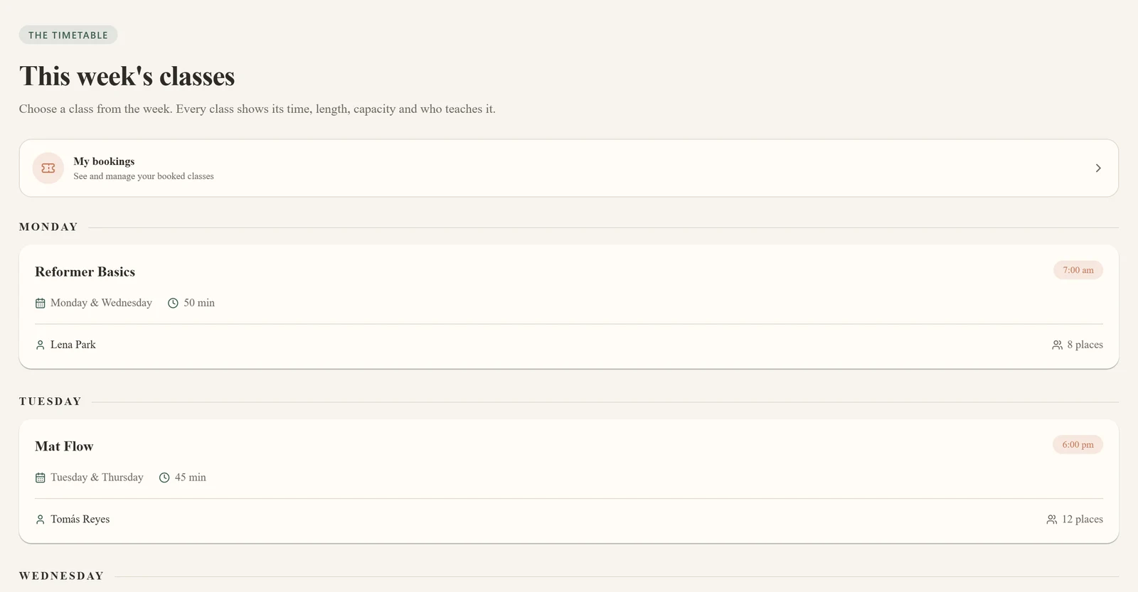 RapidNative test app, the RapidNative test app: a Pilates studio app, built on the free plan, on its RapidNative preview address.
