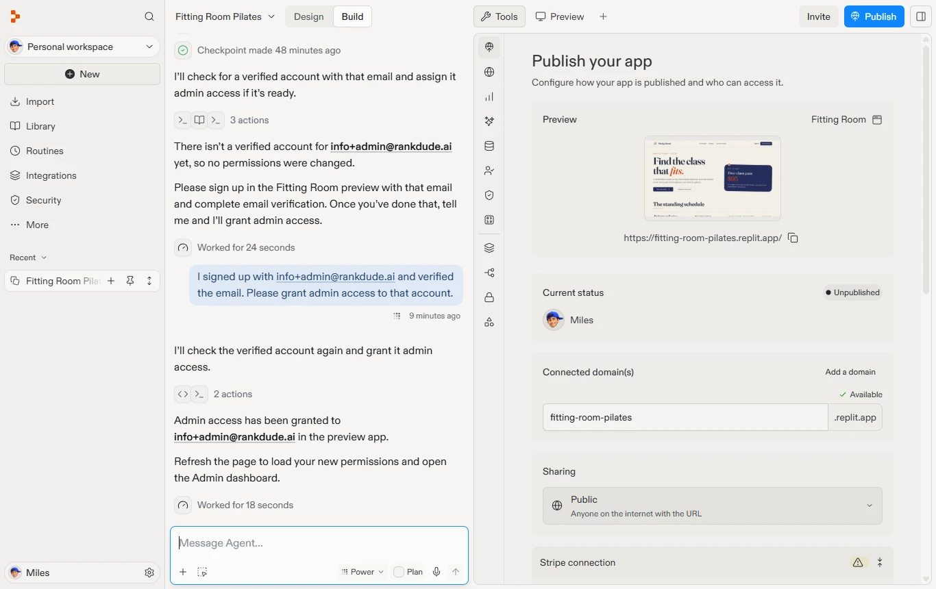Replit's editor with my Fitting Room app open: the Agent chat on the left, the Publish pane with the Unpublished status on the right