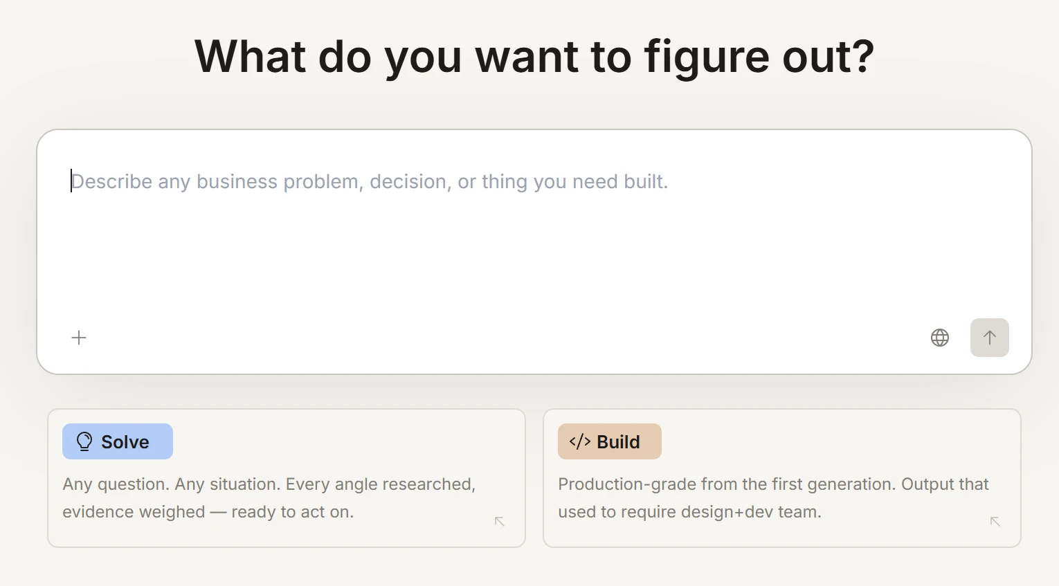 rocket.new home screen with the heading What do you want to figure out, an empty prompt box and Solve and Build cards