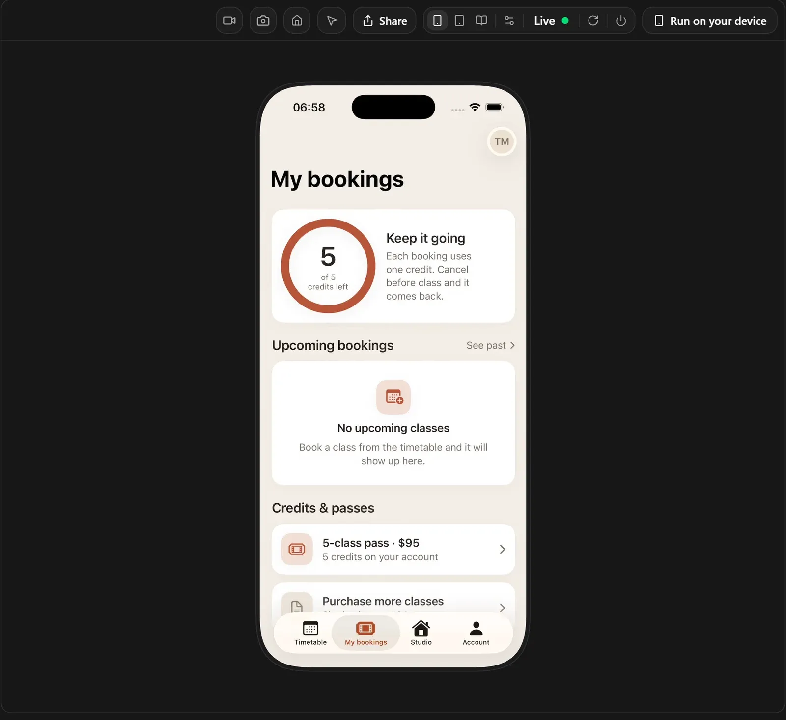 Rork's builder open on the Fitting Room project with a working iPhone app running in the simulator, showing the My bookings screen