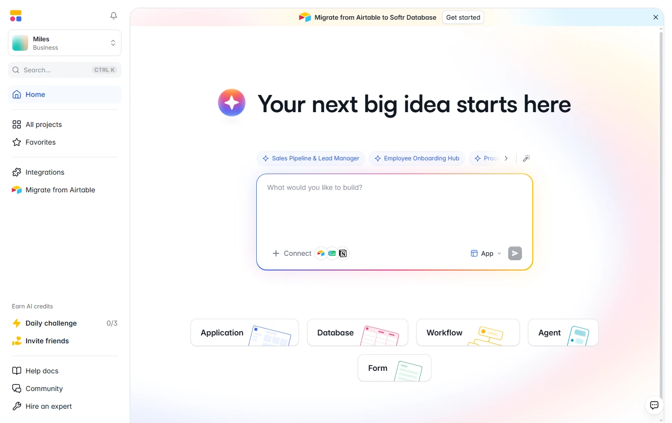 Softr's home screen with the prompt box, where you describe the app you want, and the menu of projects, integrations and help on the left