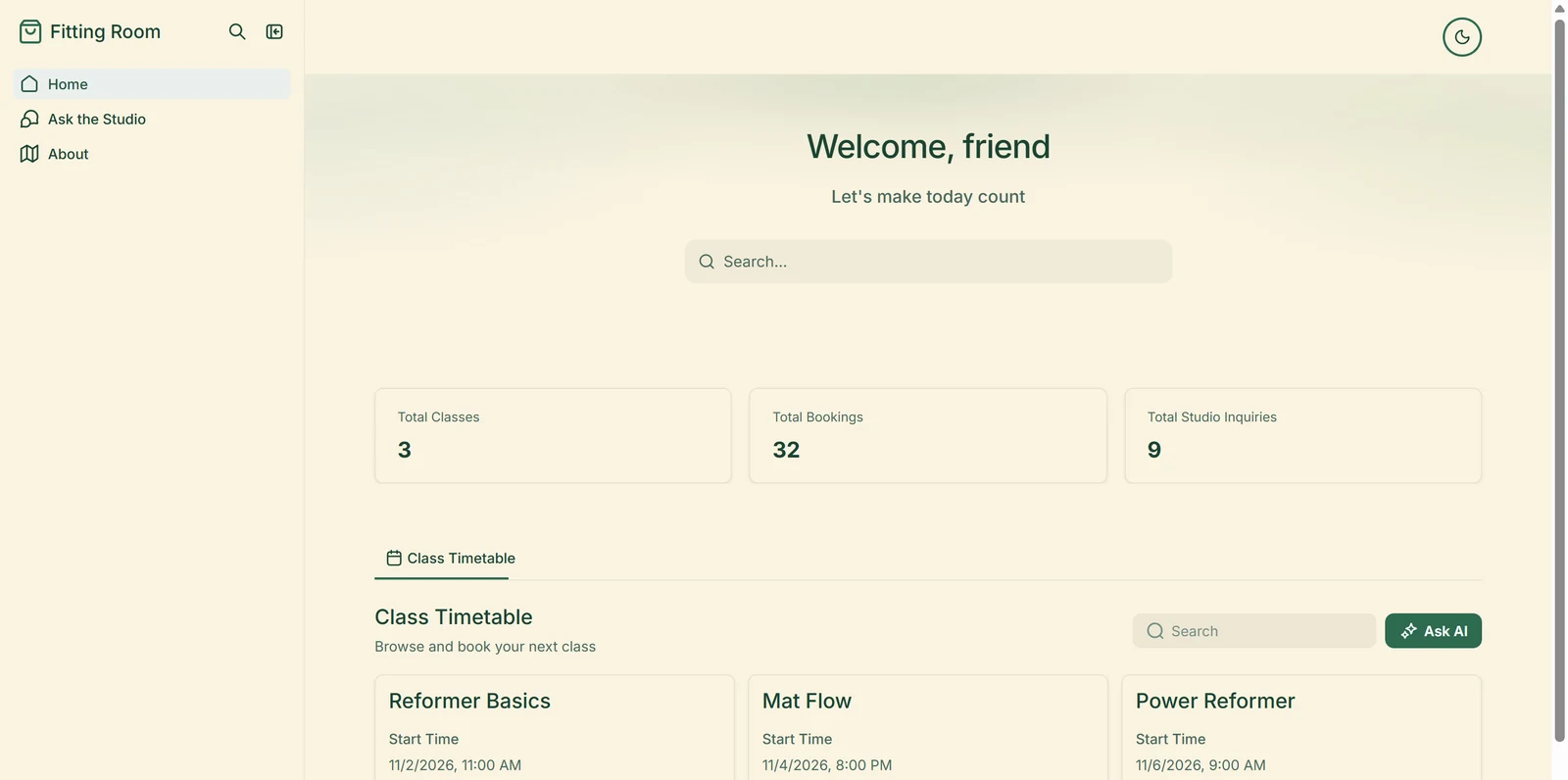 Softr test app, the Softr test app: a Pilates studio app, built on the Business trial, on its Softr address.