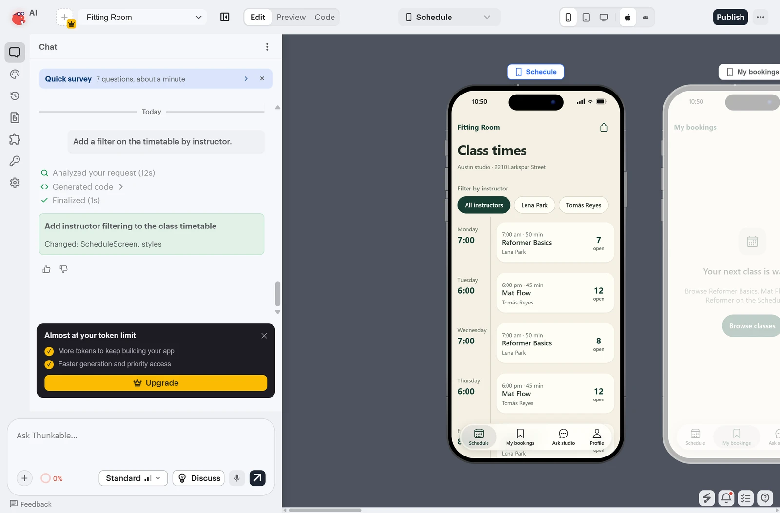 Thunkable's builder with the chat on the left and a green and cream phone preview of the Fitting Room studio app on the right