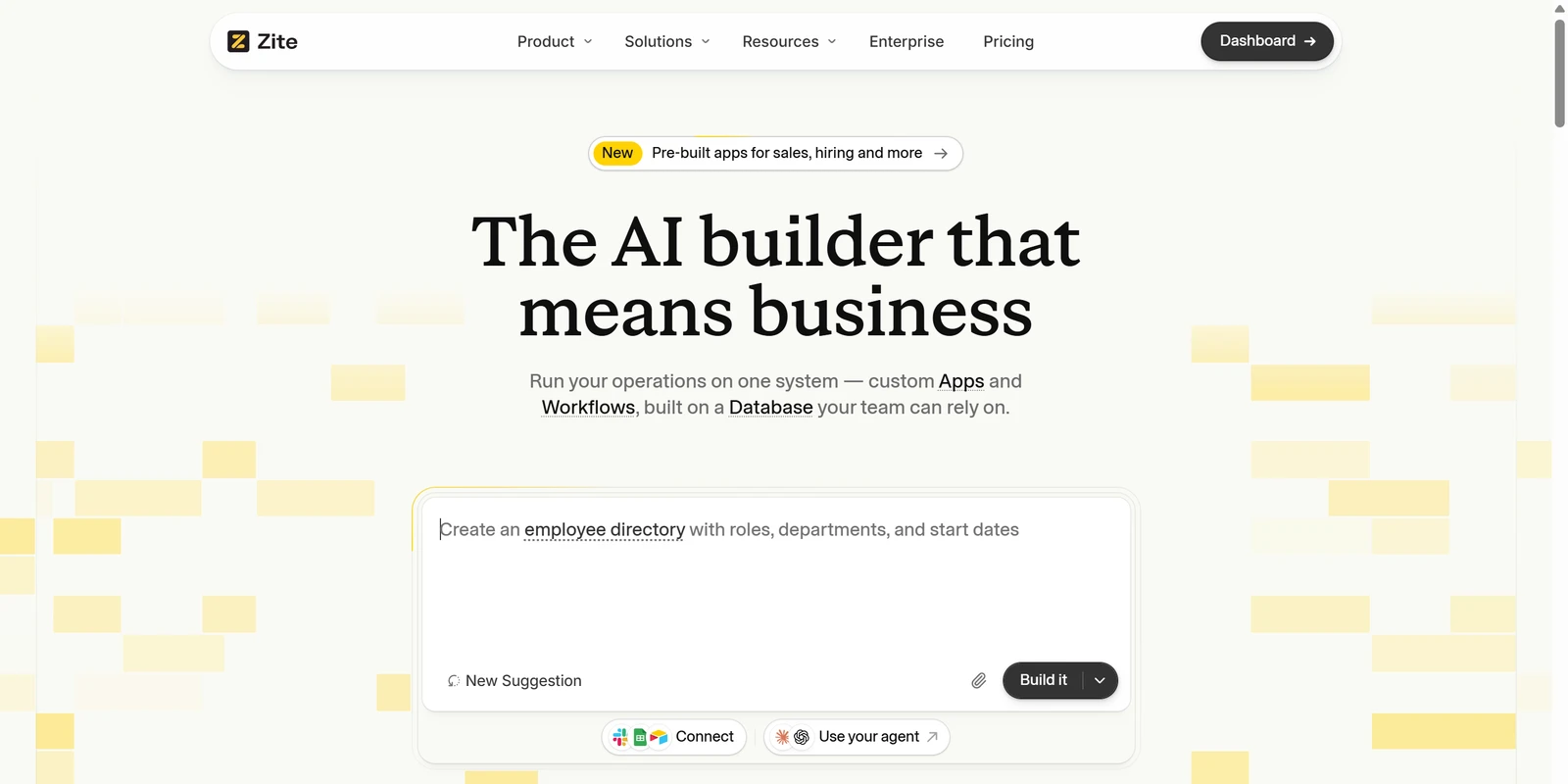 Zite's own home page with the headline The AI builder that means business and a box where you describe the app you want to build
