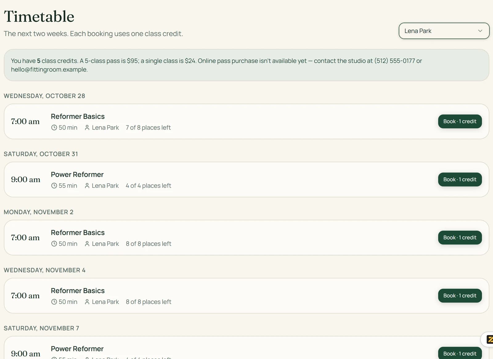 Zite test app, the Zite test app: a Pilates studio app, built and published on the free plan, on its Zite address.