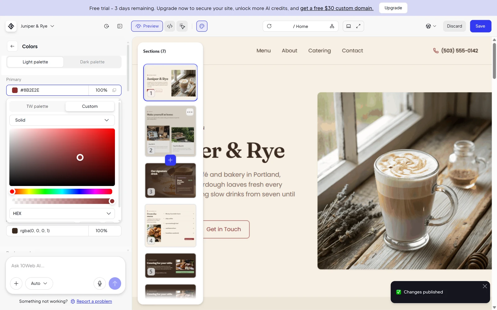 10Web's Colors panel with the Primary colour set to a red-brown hex value and the café home page buttons turned red-brown