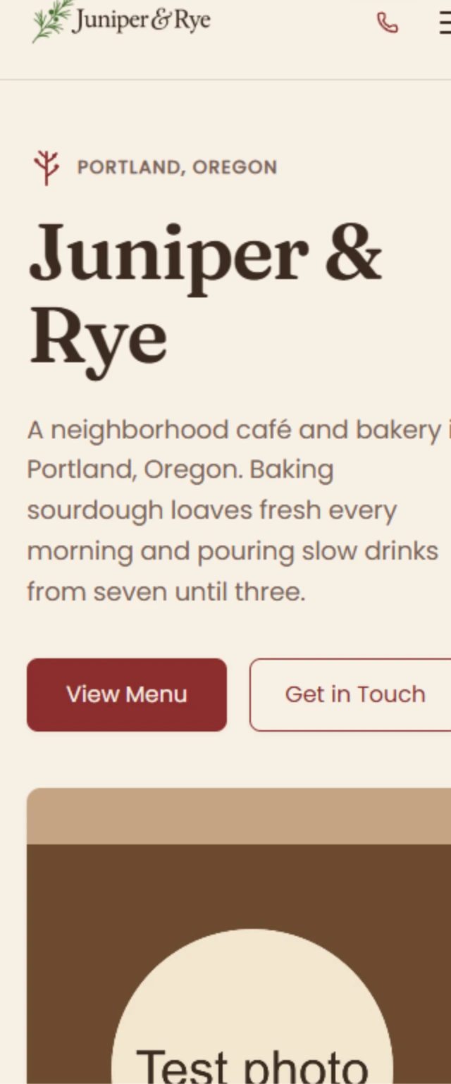 10Web's phone preview of the Juniper & Rye home page with the headline, two buttons and my test photo