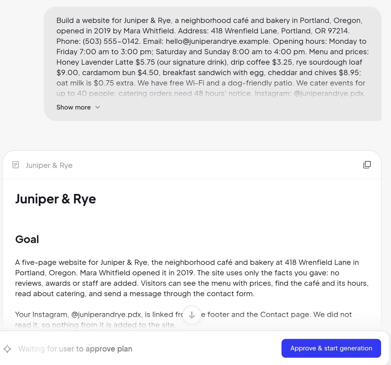 10Web's plan screen with the café brief above, a written plan for Juniper & Rye and the button Approve & start generation