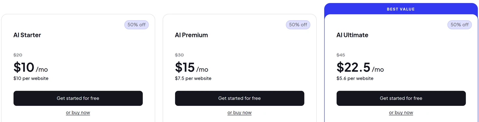 10Web's pricing page with three plans, AI Starter, AI Premium and AI Ultimate, each marked 50% off