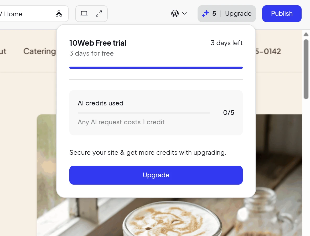 10Web's trial panel showing 3 days left, AI credits used 0 of 5 and the line Any AI request costs 1 credit