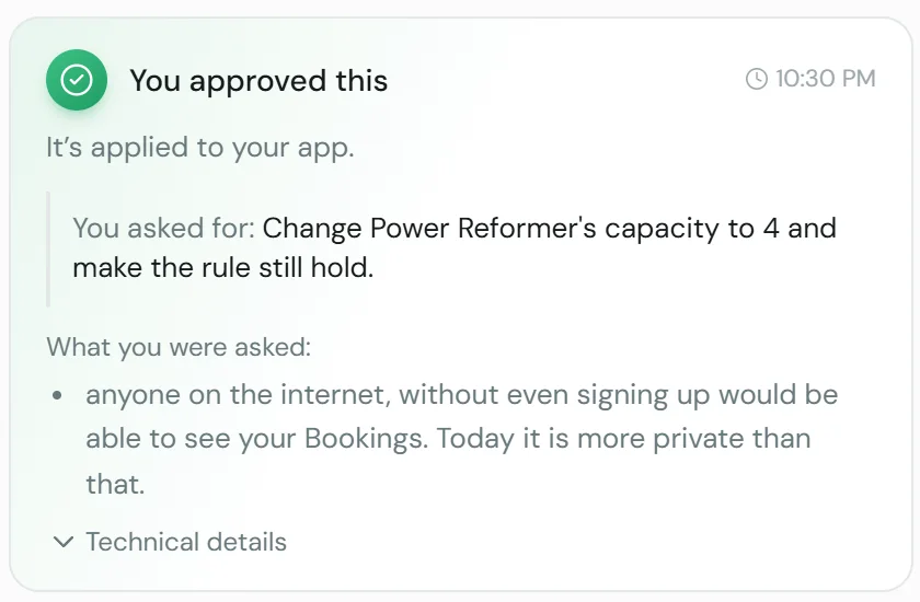 Ada chat card reading You approved this, listing that anyone on the internet, without even signing up, would be able to see your Bookings, today it is more private than that.