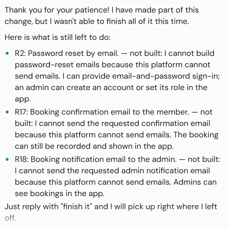 Ada's chat listing what it did not build: password reset by email and the booking and admin emails, each because this platform cannot send emails