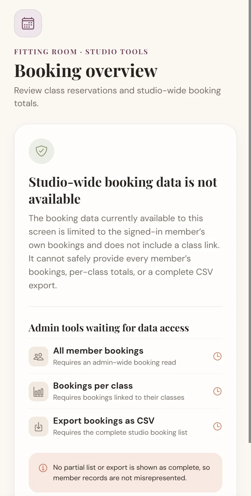 Adalo test app admin screen titled Booking overview saying studio-wide booking data is not available and listing admin tools waiting for data access