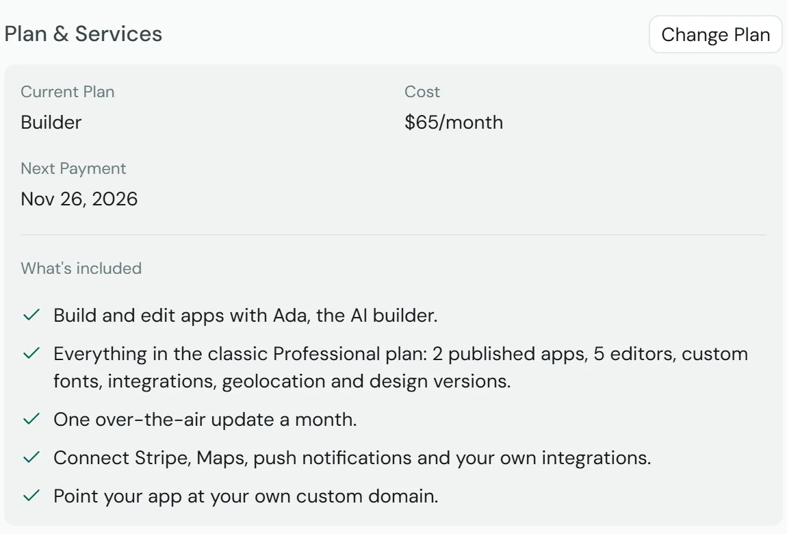 Adalo Usage and Billing page, Plan and Services: current plan Builder at $65 a month, next payment Nov 26 2026, with what is included