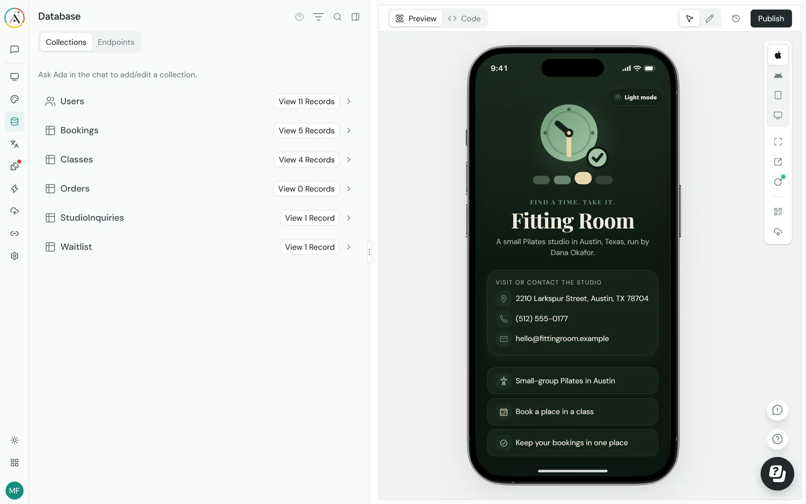 Adalo editor Database panel listing the collections Users with 11 records, Bookings 5, Classes 4, Orders 0, StudioInquiries 1 and Waitlist 1, beside the dark Fitting Room preview