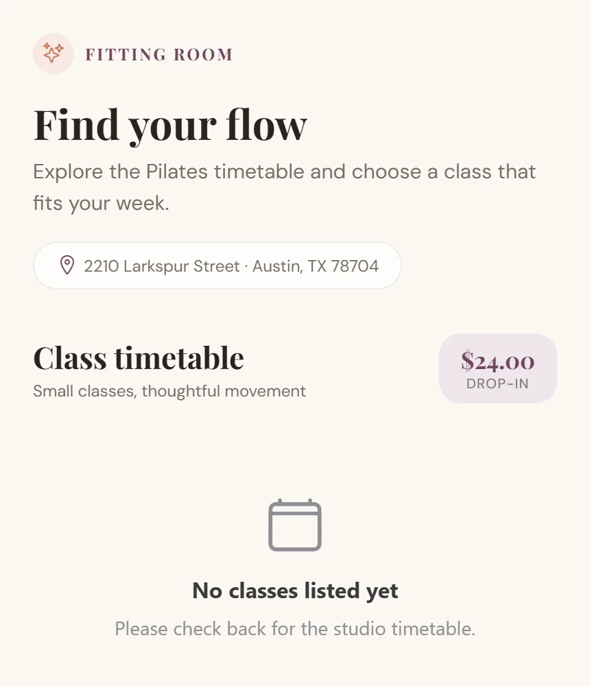 Adalo test app on a phone: Fitting Room timetable screen with the drop-in price of $24 and an empty state reading No classes listed yet