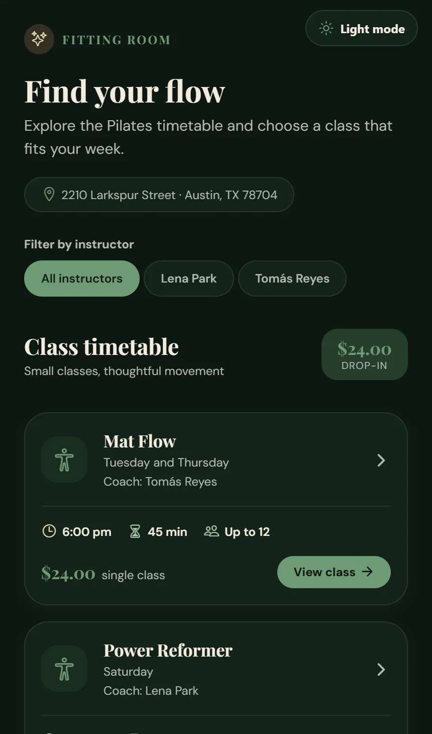 Adalo test app member timetable on a phone in dark green and cream, with Mat Flow and Power Reformer cards showing coach, time, duration and capacity.