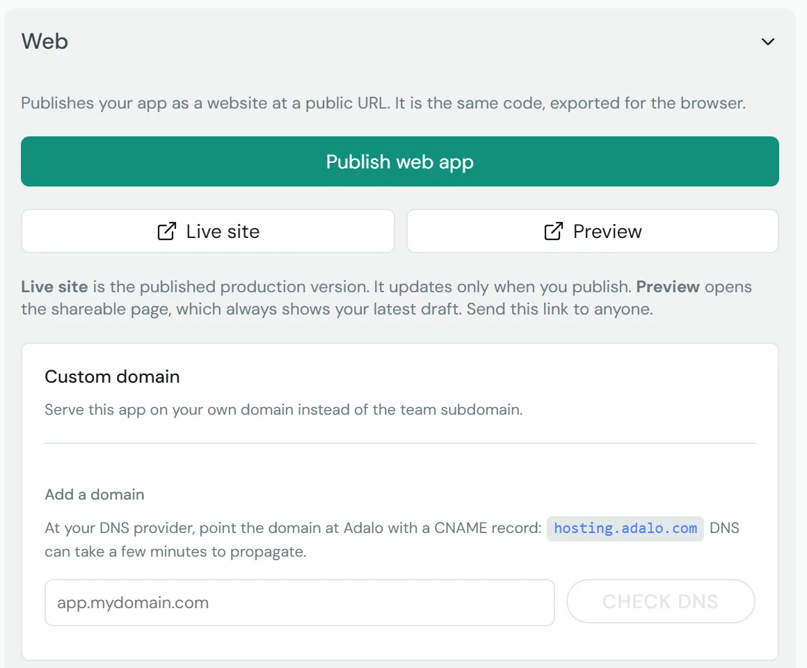 Adalo Publish panel with the Published switch on, a Web section with Publish web app, Live site and Preview buttons and a custom domain box pointing at hosting.adalo.com