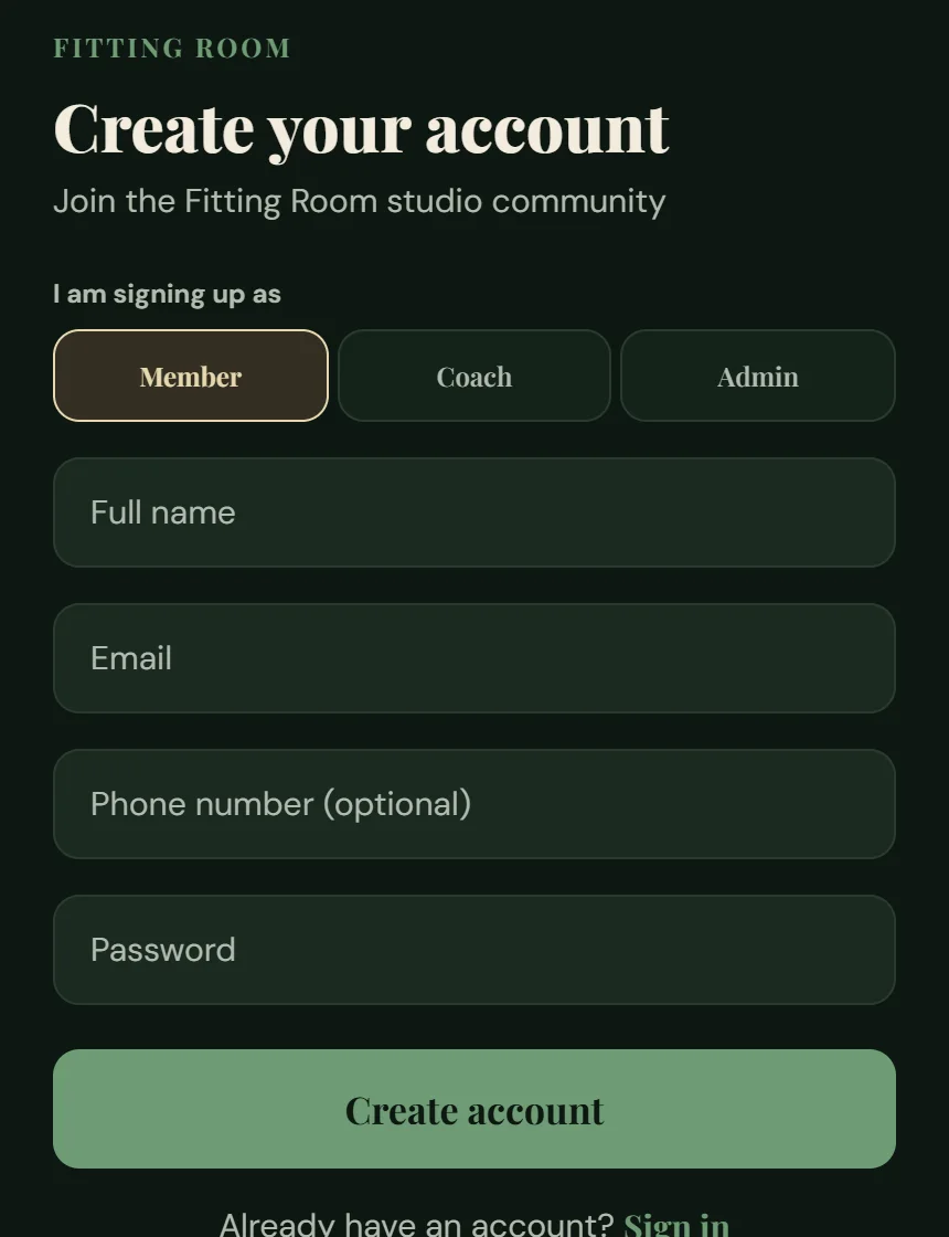 Adalo test app sign-up page in dark green with a choice of Member, Coach and Admin above name, email, phone and password boxes