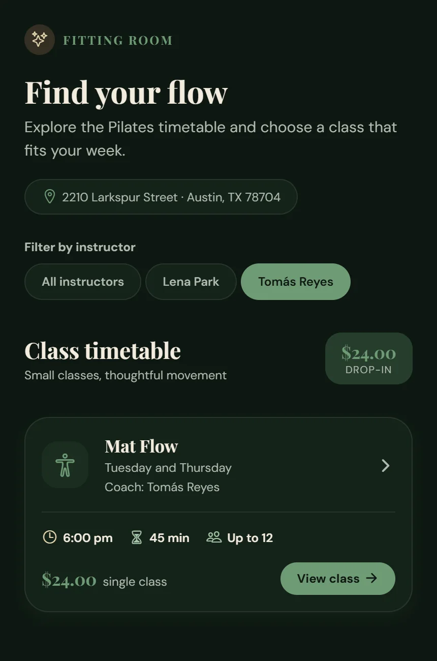 Adalo test app timetable on a phone with a Filter by instructor row of All instructors, Lena Park and Tomas Reyes, and only the Mat Flow class listed