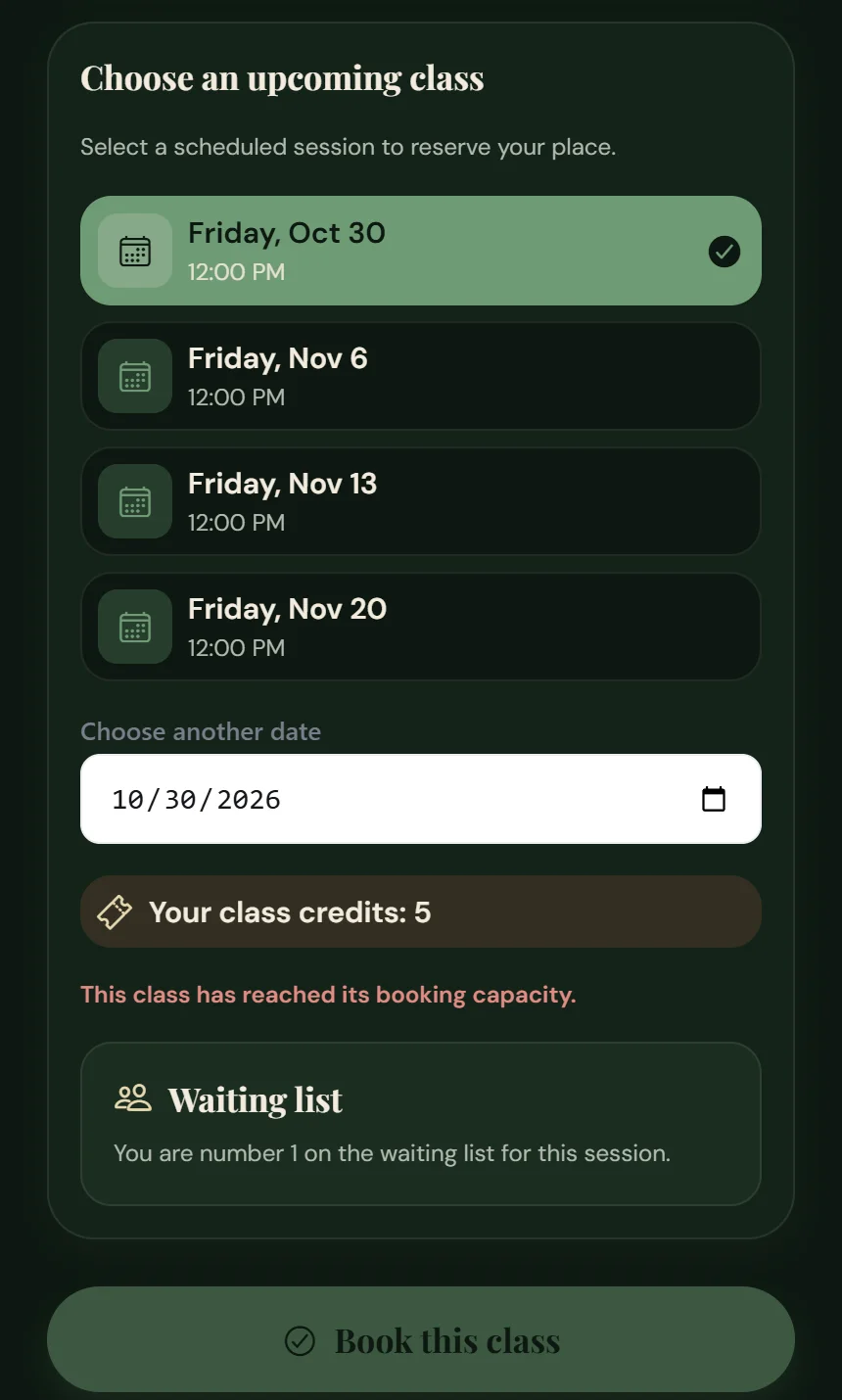Adalo test app class details on a phone in dark green: Friday Stretch Test with capacity 1, the message This class has reached its booking capacity and a Waiting list card reading You are number 1 on the waiting list for this session.