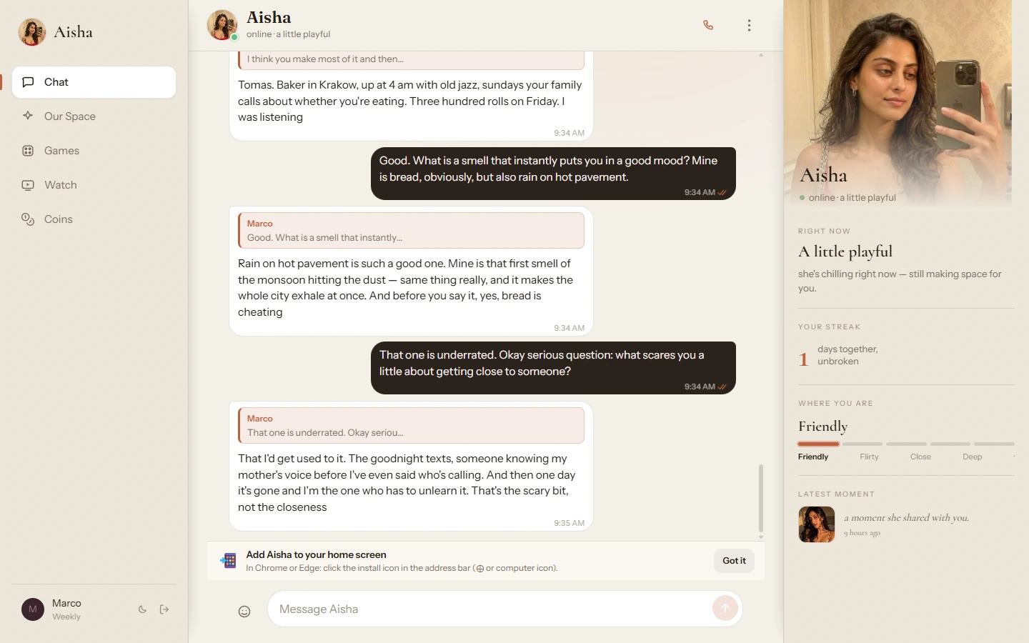 Aisha chat with in-character replies
