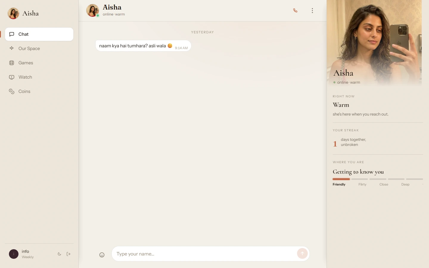 Aisha web app chat with her profile panel