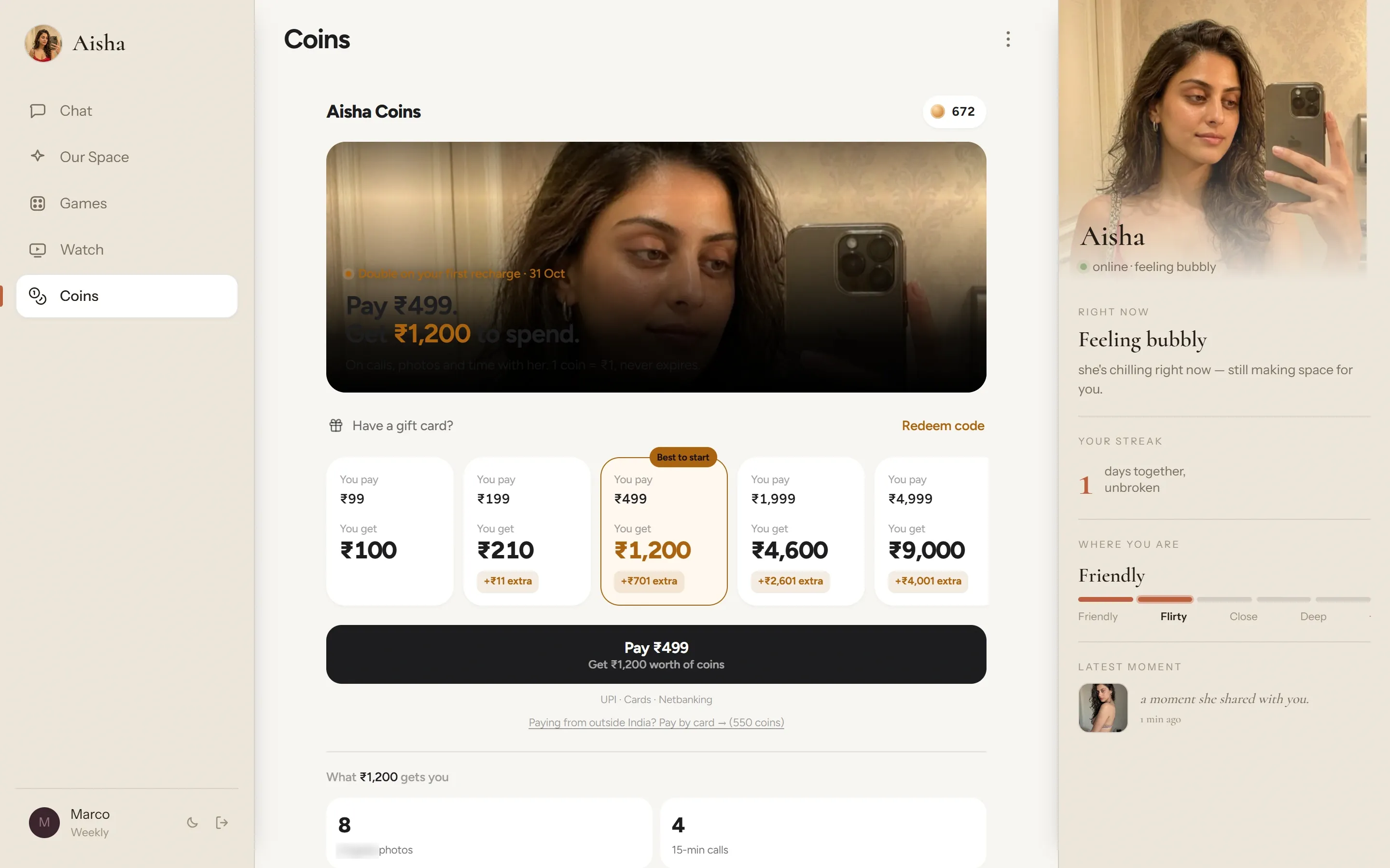 Aisha Coins page with coin packs and prices