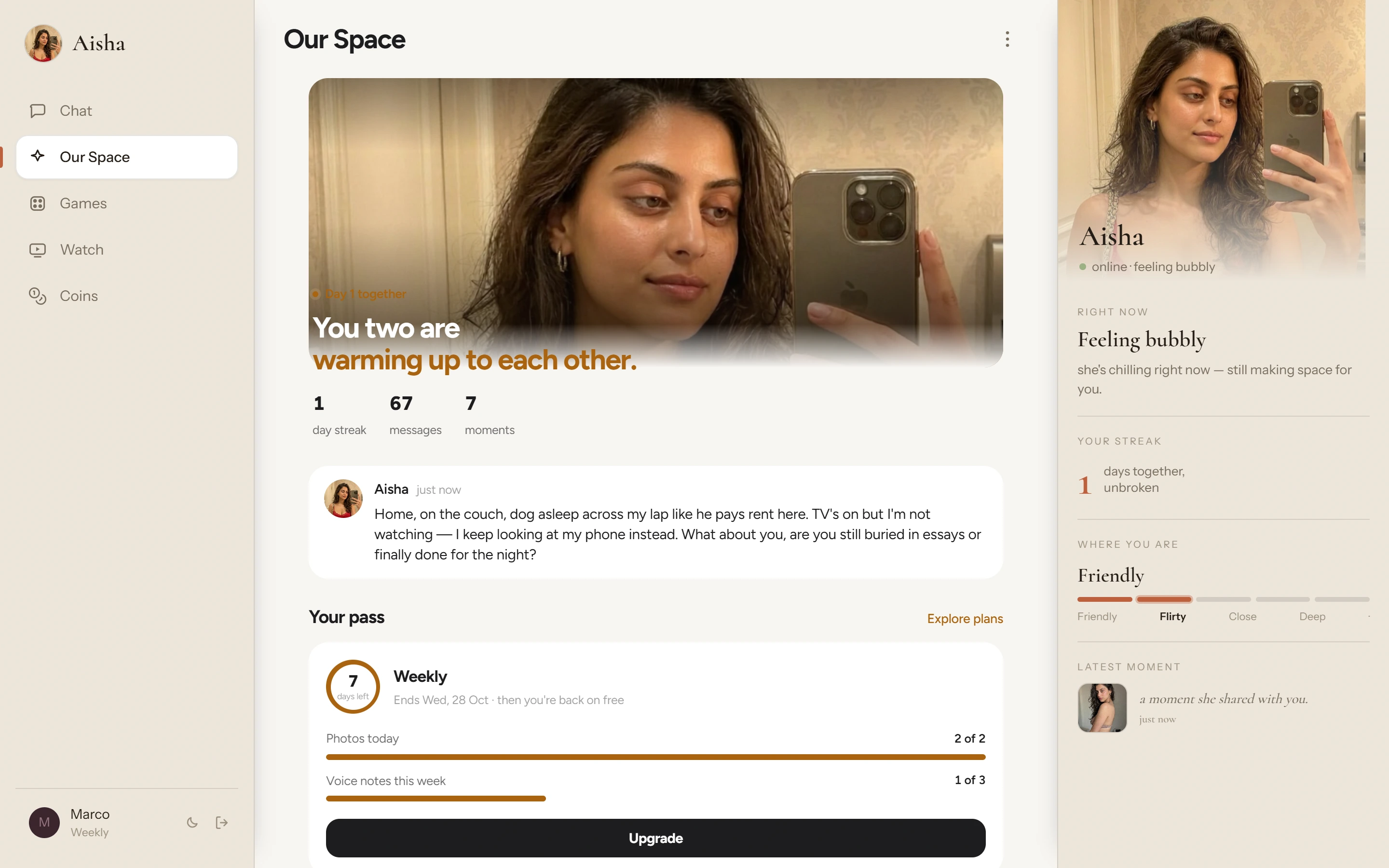 Aisha Our Space page with relationship stage and memories