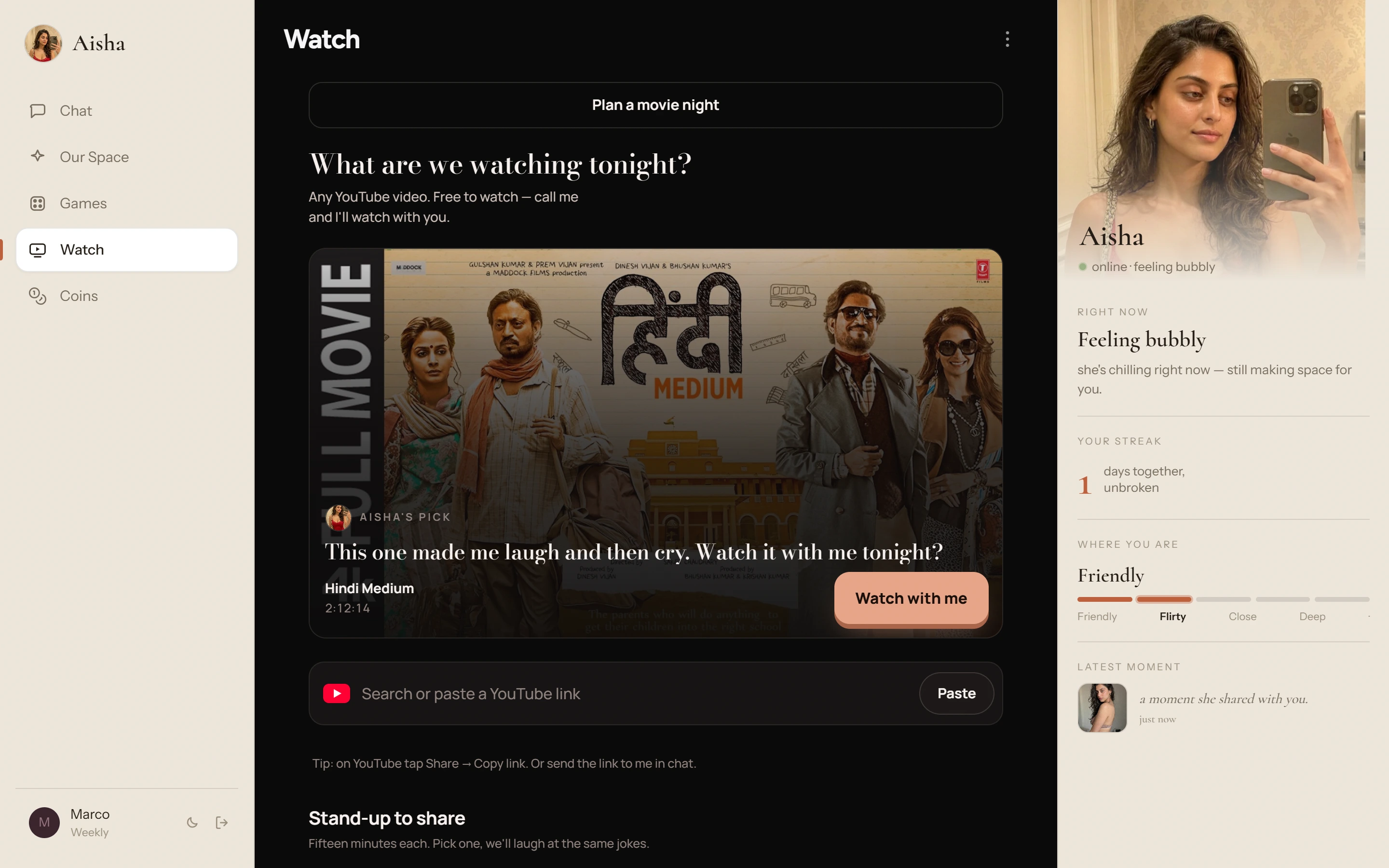 Aisha Watch page with YouTube picks