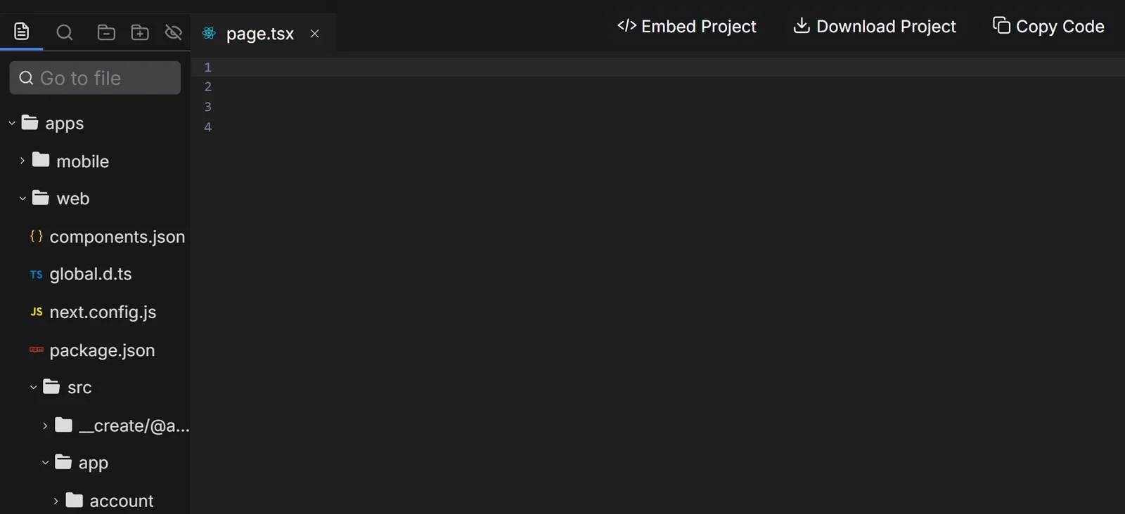 Anything code view with the file tree and the Embed Project, Download Project and Copy Code buttons.