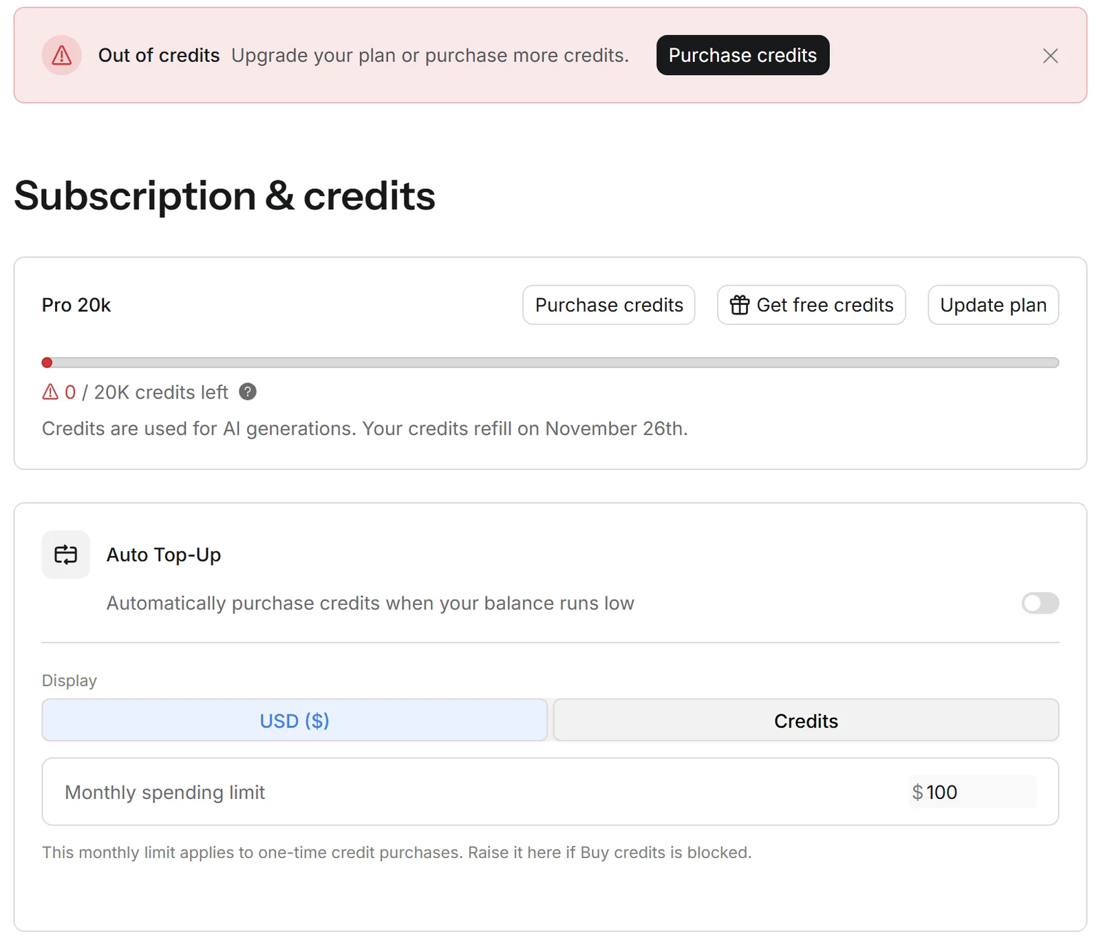 Anything Subscription and credits page: Pro 20k, 0 of 20K credits left, an Out of credits banner and Auto Top-Up switched off.