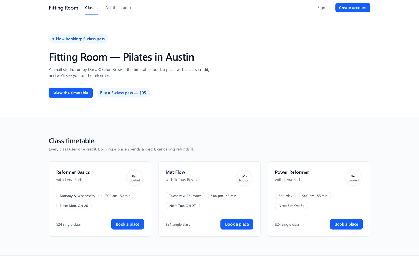 Anything test app live home page with the three classes, their coaches, days, times and places booked.