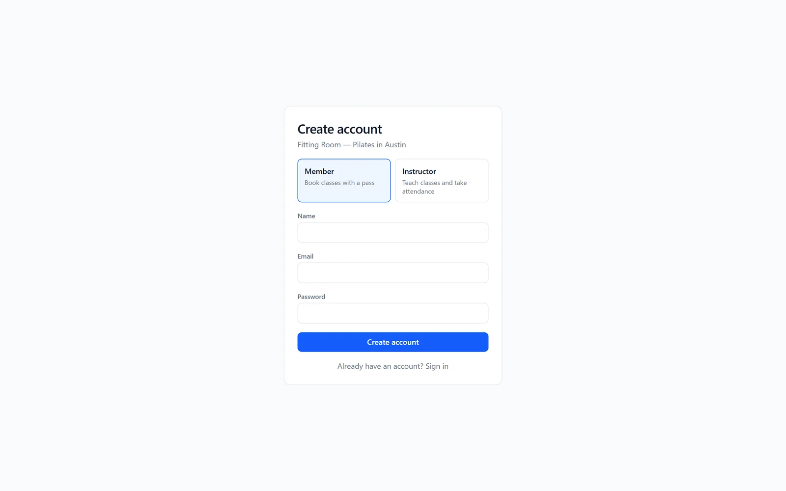 Anything test app sign-up form with a choice of Member or Instructor, and name, email and password boxes